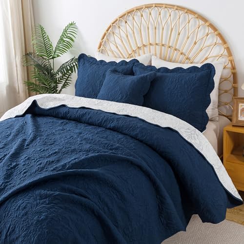 HoneiLife King Quilt Set - Navy Microfiber Bedding 3-Piece