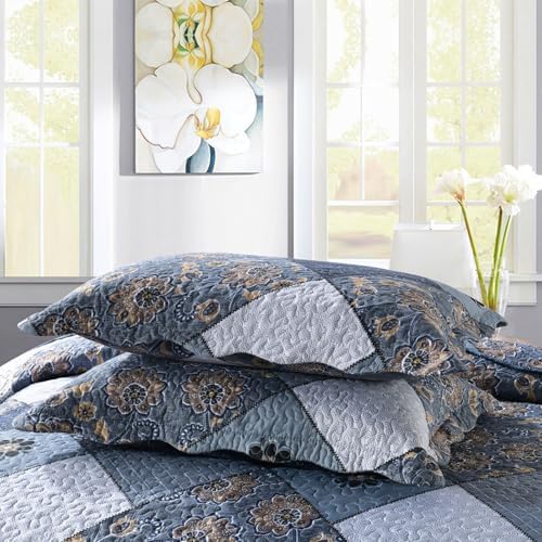 ENJOHOS Navy Blue Plaid Floral Quilt Set King Size 98x106