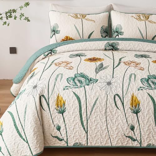 WONGS BEDDING Floral Queen Quilt Set with 2 Pillowcases