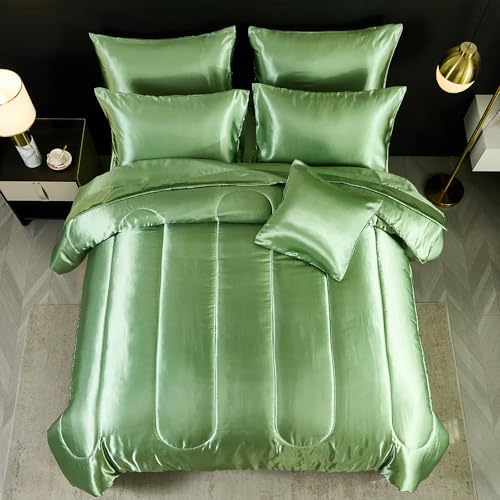 Green Queen Comforter Set with 8 pcs Satin Bedding
