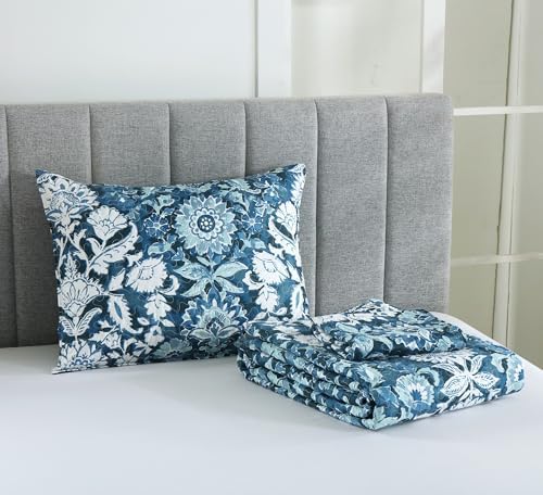 Boryard King Quilt Set Navy Blue Paisley Sunflower Print