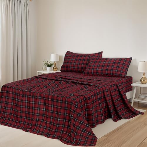 ZOYER Double Brushed Flannel Cal King Sheet Set - 4 Piece Red Buffalo Check