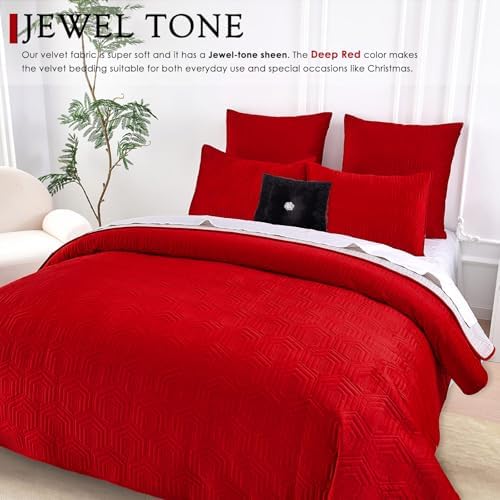 Querencia Velvet Quilt Set Queen - Red Ivory Geometric Comforter
