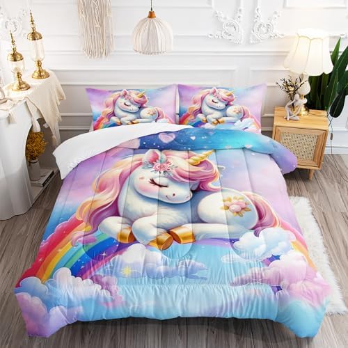 XYNHML Pink Blue Unicorn Comforter Set 3pcs Twin