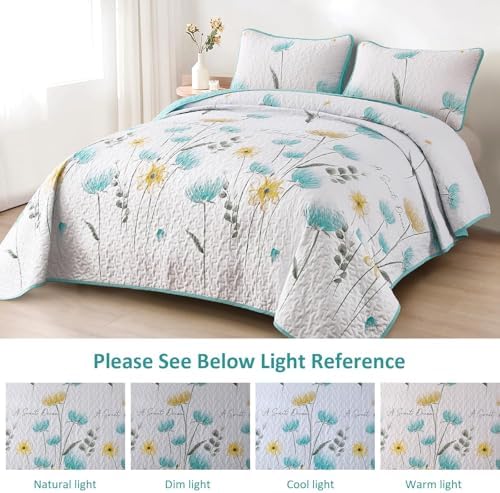 Dinjoy Floral King Quilt Set 3 Piece Aqua Farmhouse Bedding 1