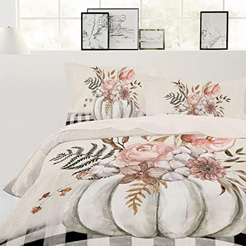 OComster California King Duvet Cover Set with Grey Pumpkin Plaid
