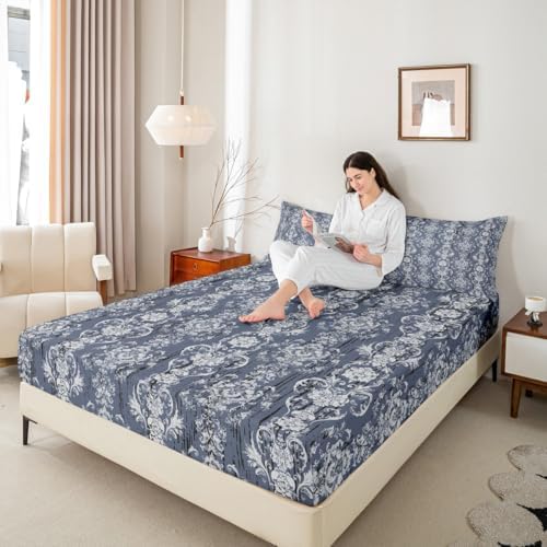 Erosebridal Damask Blue Gothic Floral Bed Sheet Set Twin