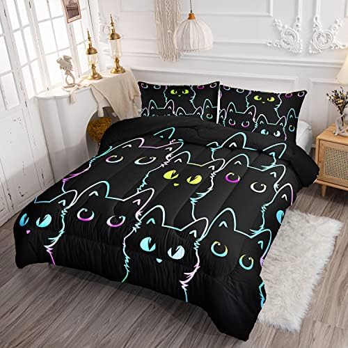 Axolotl Kids Cartoon Cat Comforter Set - Full Size Gradient Black