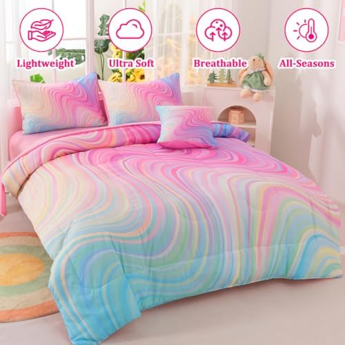 ASKOTU Girls Pink Blue Rainbow Comforter Set 6 Pcs