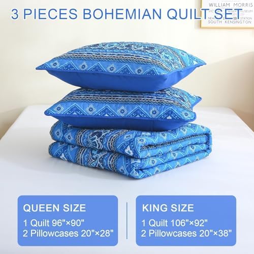 Heymybed Boho Quilt Set Queen Size 3Pc Reversible Blue