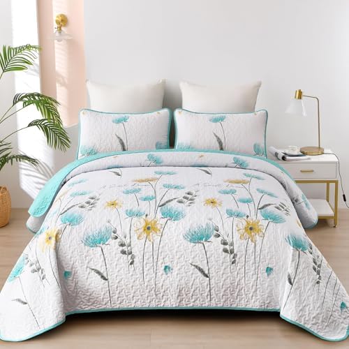 Dinjoy Floral King Quilt Set 3 Piece Aqua Farmhouse Bedding 1