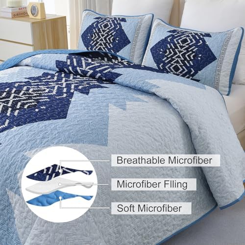 Dintszyayue Blue Boho Quilt Set Queen Size 3 Piece