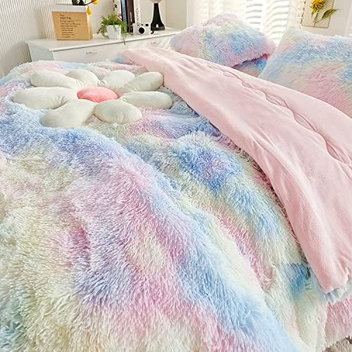 Chovy Kids Girls Faux Fur Rainbow Comforter Set TwinFull 3PC