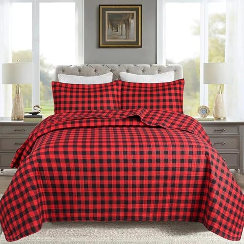 MarCielo 3 Piece Christmas Quilt Set Buffalo Red Queen