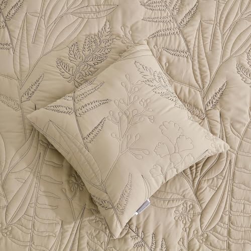 Botanical Bedspread Full Size Set - Leaves Pattern Stitched Quilt Cover