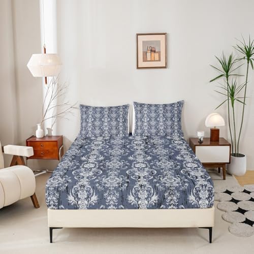 Erosebridal Damask Blue Gothic Floral Bed Sheet Set Twin