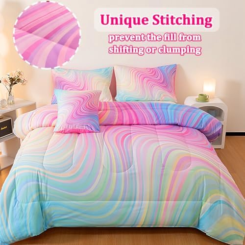 ASKOTU Girls Pink Blue Rainbow Comforter Set 6 Pcs