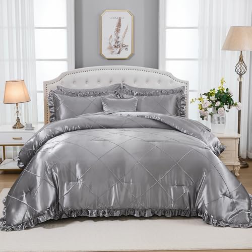 Grey Queen Comforter Set with 8 Pcs Satin Bedding