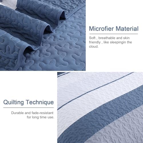 Dinjoy Boho Queen Quilt Set 3 Piece Mineral Blue Striped Bedspread