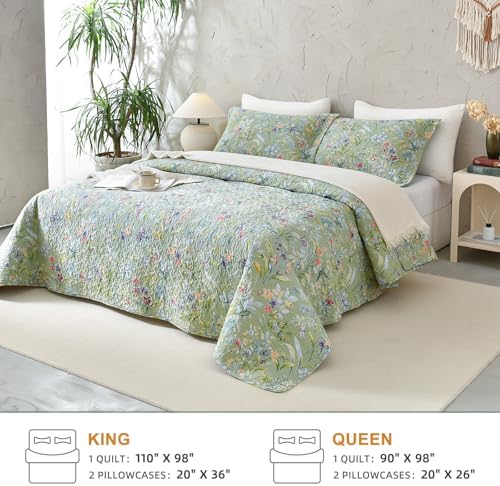 QSH Cotton Floral Queen Bedspread Set 3Pcs Green Summer