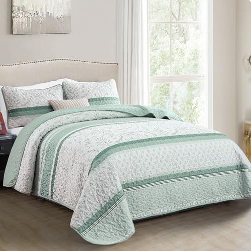 DJY Green Striped King Size Quilt Set with 2 Pillowcases