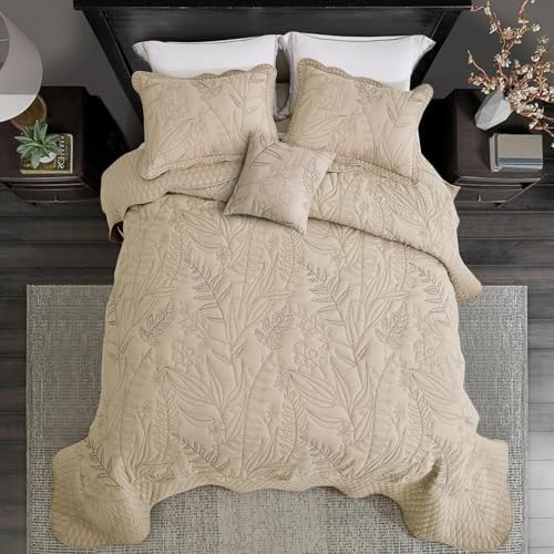 Botanical Bedspread Full Size Set - Leaves Pattern Stitched Quilt Cover