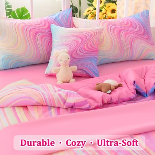 ASKOTU Girls Pink Blue Rainbow Comforter Set 6 Pcs