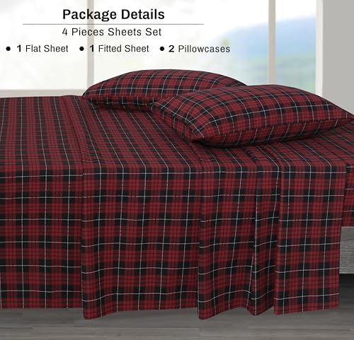 ZOYER Double Brushed Flannel Cal King Sheet Set - 4 Piece Red Buffalo Check