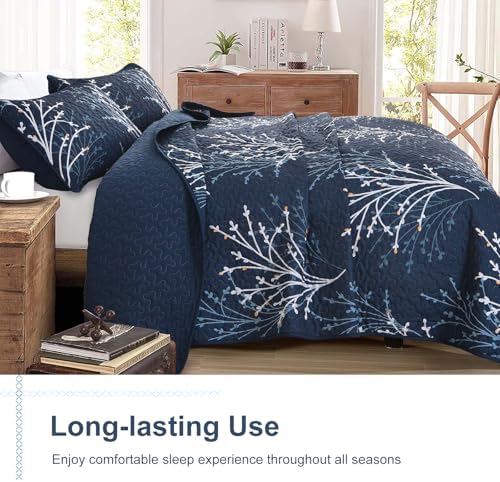 Navy Botanical Quilt Set - 3 Piece Microfiber Reversible Bedding 1