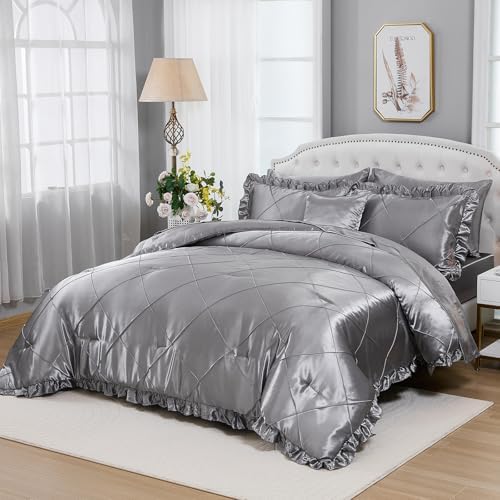 Grey Queen Comforter Set with 8 Pcs Satin Bedding
