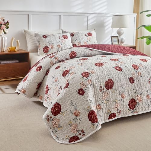 Floral Quilt Set 3 Pieces White with Red Roses