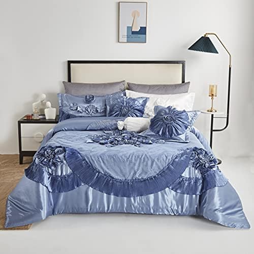 Tache Satin Floral Lace Ruffle Comforter Set King Blue