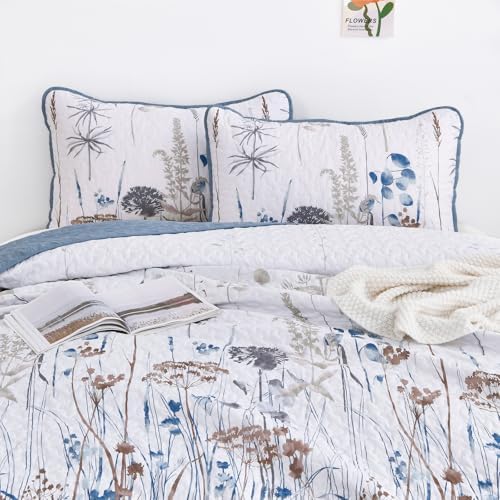 Dobuyly Blue Floral King Quilt Set 3pcs