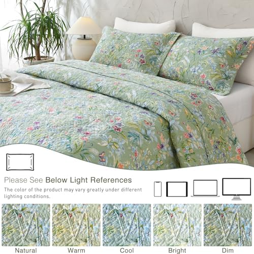 QSH Cotton Floral Queen Bedspread Set 3Pcs Green Summer