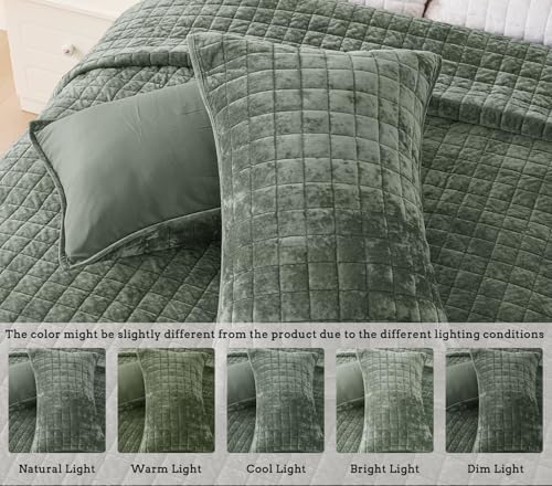 3 Pieces Velvet Cal King Quilt Set with Pillow Shams Army Green