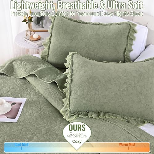 Uspring Green Ruffled Floral Quilt Set King Size 3 Piece