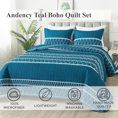 Andency Teal Quilt Set King 3Pcs Reversible Microfiber