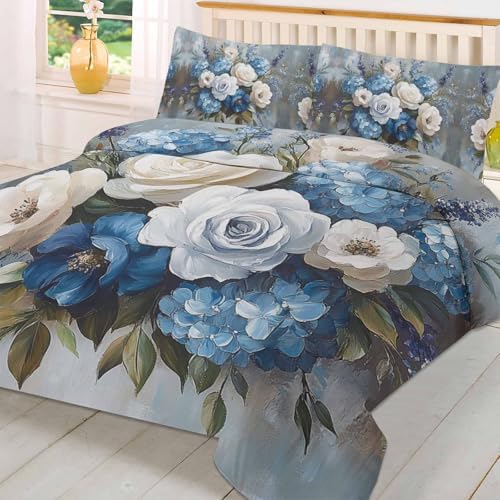 Boanket 3-Piece Queen Duvet Cover Set with Zipper White Blue Floral