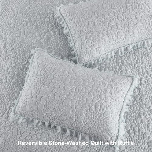 Light Blue Ruffled Quilt Queen Size Set