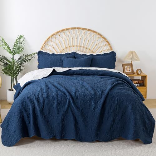 HoneiLife King Quilt Set - Navy Microfiber Bedding 3-Piece