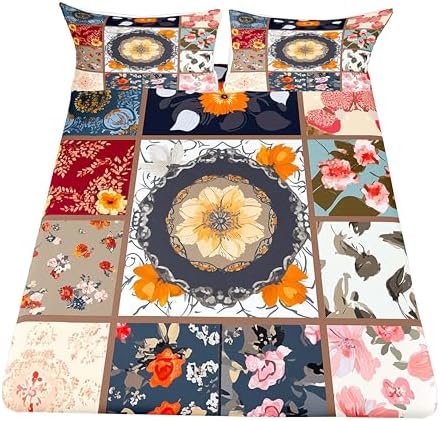 Boho Floral Patchwork Queen Bed Sheet Set