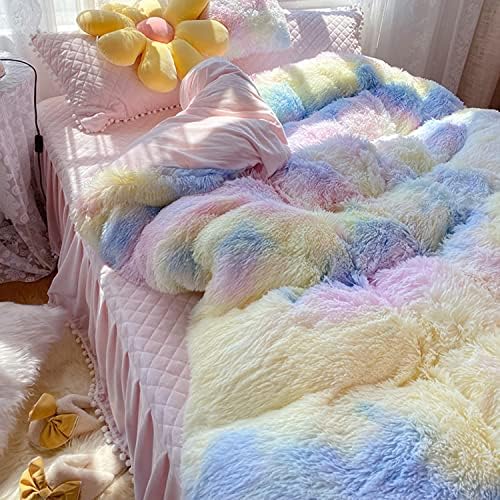 Chovy Kids Girls Faux Fur Rainbow Comforter Set TwinFull 3PC