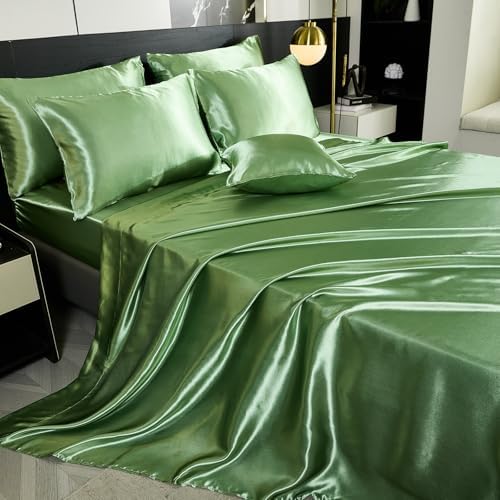 Green Queen Comforter Set with 8 pcs Satin Bedding