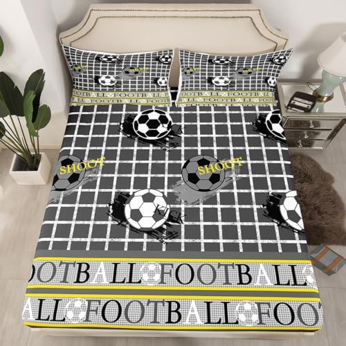Football Bed Sheets Set Grey Yellow Fitted Sheet Pillowcases