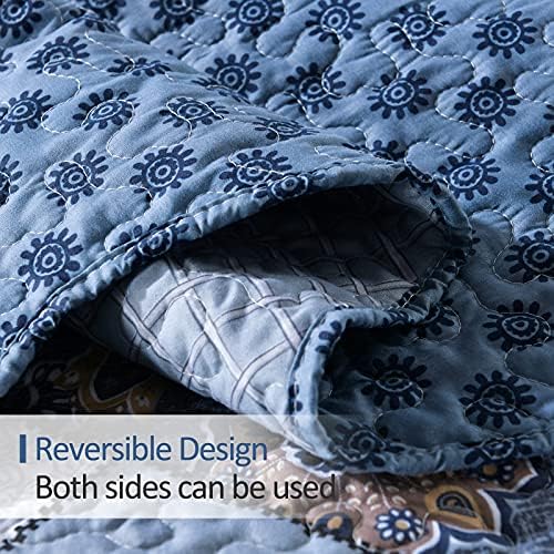 ENJOHOS Navy Blue Plaid Floral Quilt Set King Size 98x106