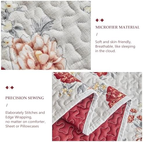 Floral Quilt Set 3 Pieces White with Red Roses