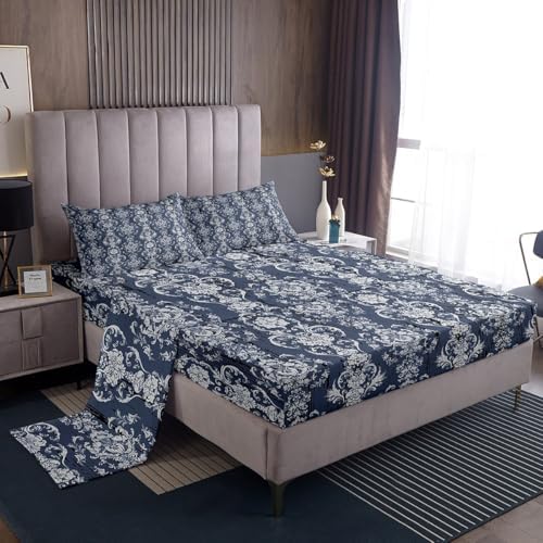 Erosebridal Damask Blue Gothic Floral Bed Sheet Set Twin