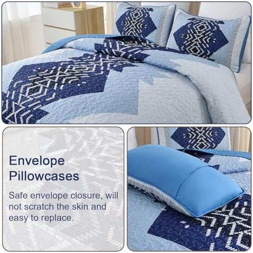 Dintszyayue Blue Boho Quilt Set Queen Size 3 Piece