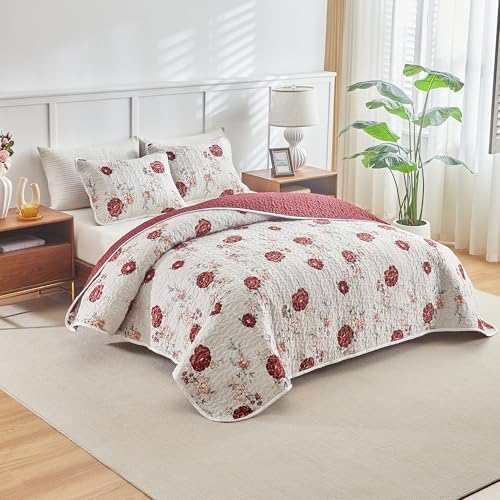 Floral Quilt Set 3 Pieces White with Red Roses