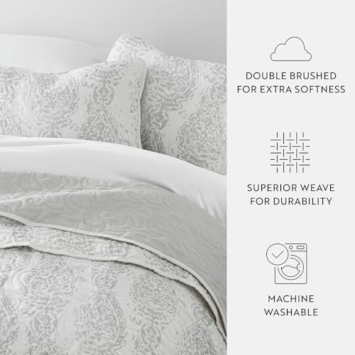 Linen Market Patterned Reversible Microfiber Quilt Set - KingCal-King Light Gray